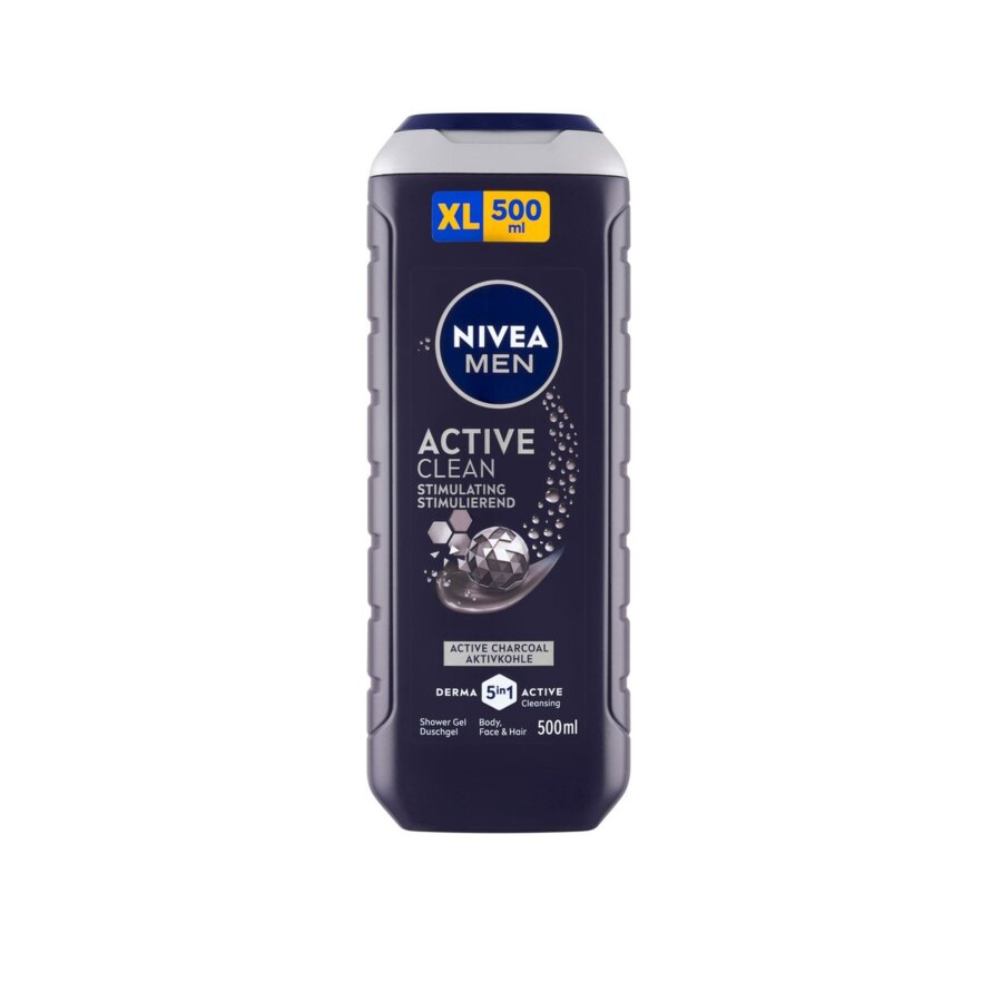 NIVEA MEN Active Clean 3in1 Shower Gel Wash with Active Charcoal, 500ml