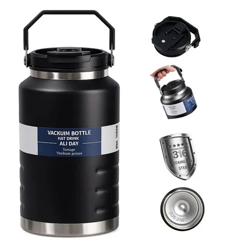 VANOW 1.9L Stainless Steel Double Wall Leak Proof Water Bottle with 2 lids